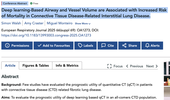 Deep Learning-Based Airway and Vessel Volume are Associated with Increased Risk of Mortality in Connective Tissue Disease-Related Interstitial Lung Disease.