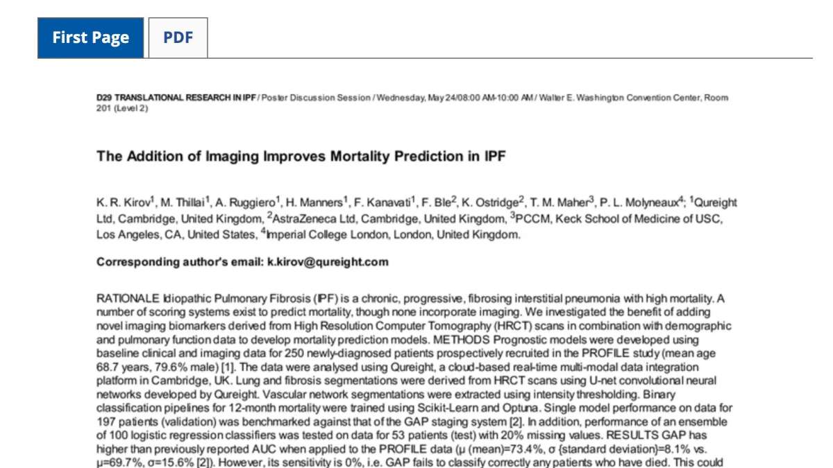 Imaging adds to mortality prediction in IPF ATS abstract - Qureight