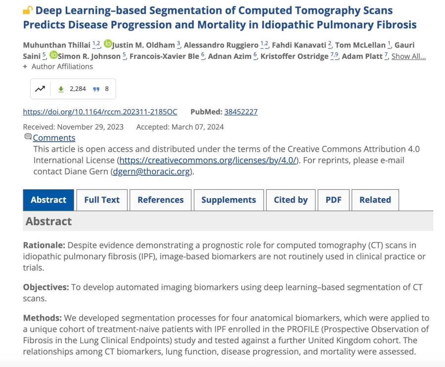 Deep Learning&ndash;based Segmentation of Computed Tomography Scans Predicts Disease Progression and Mortality in Idiopathic Pulmonary Fibrosis