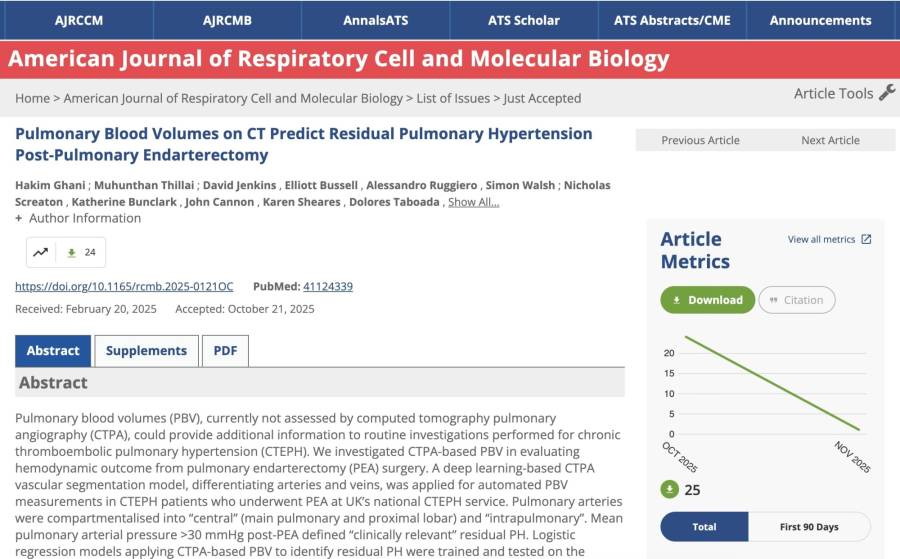 Pulmonary Blood Volumes on CT Predict Residual Pulmonary Hypertension Post-Pulmonary Endarterectomy